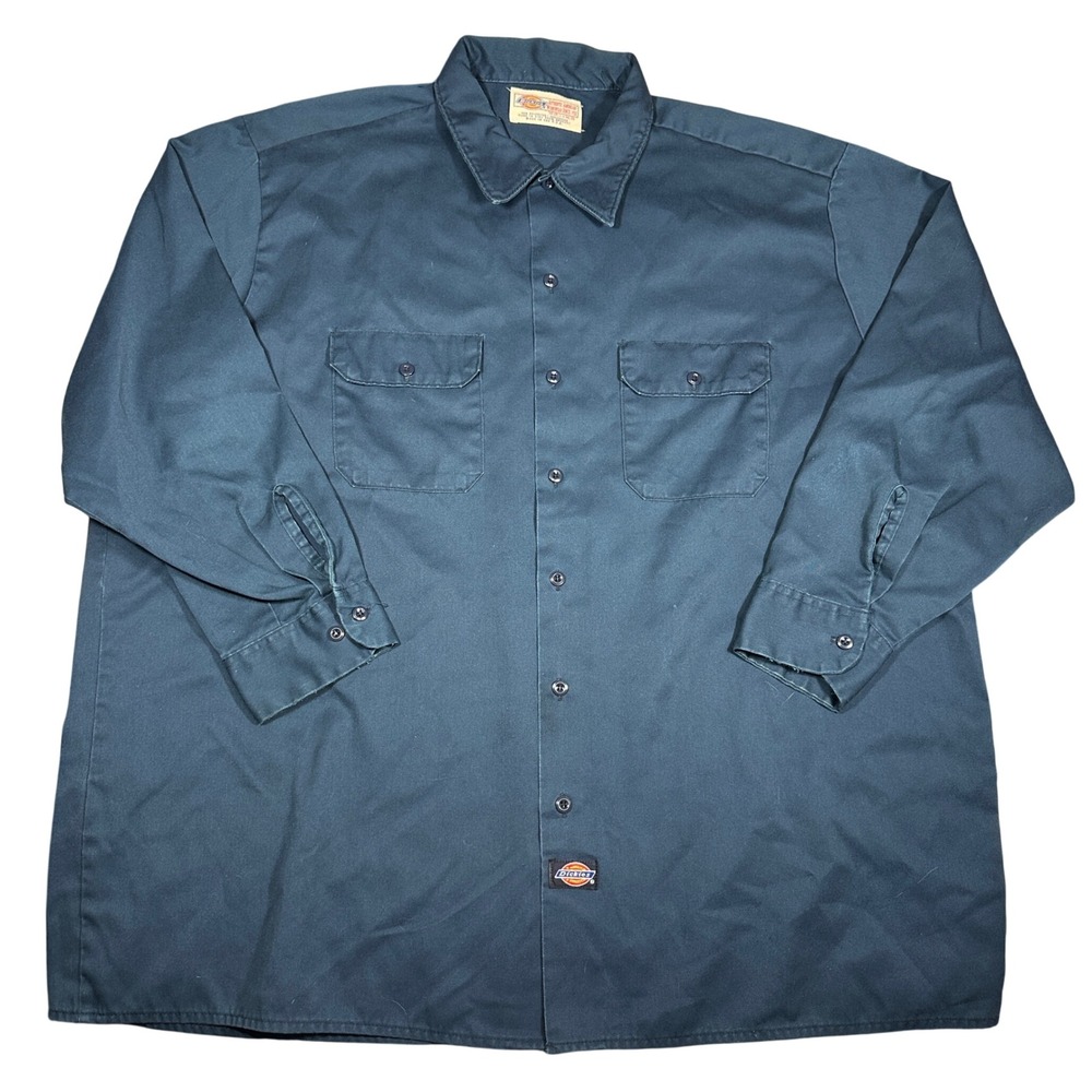 Dickies Mens Long Sleeve Work Shirt Navy Blue Made in USA Size 19-19.5 x 34/35